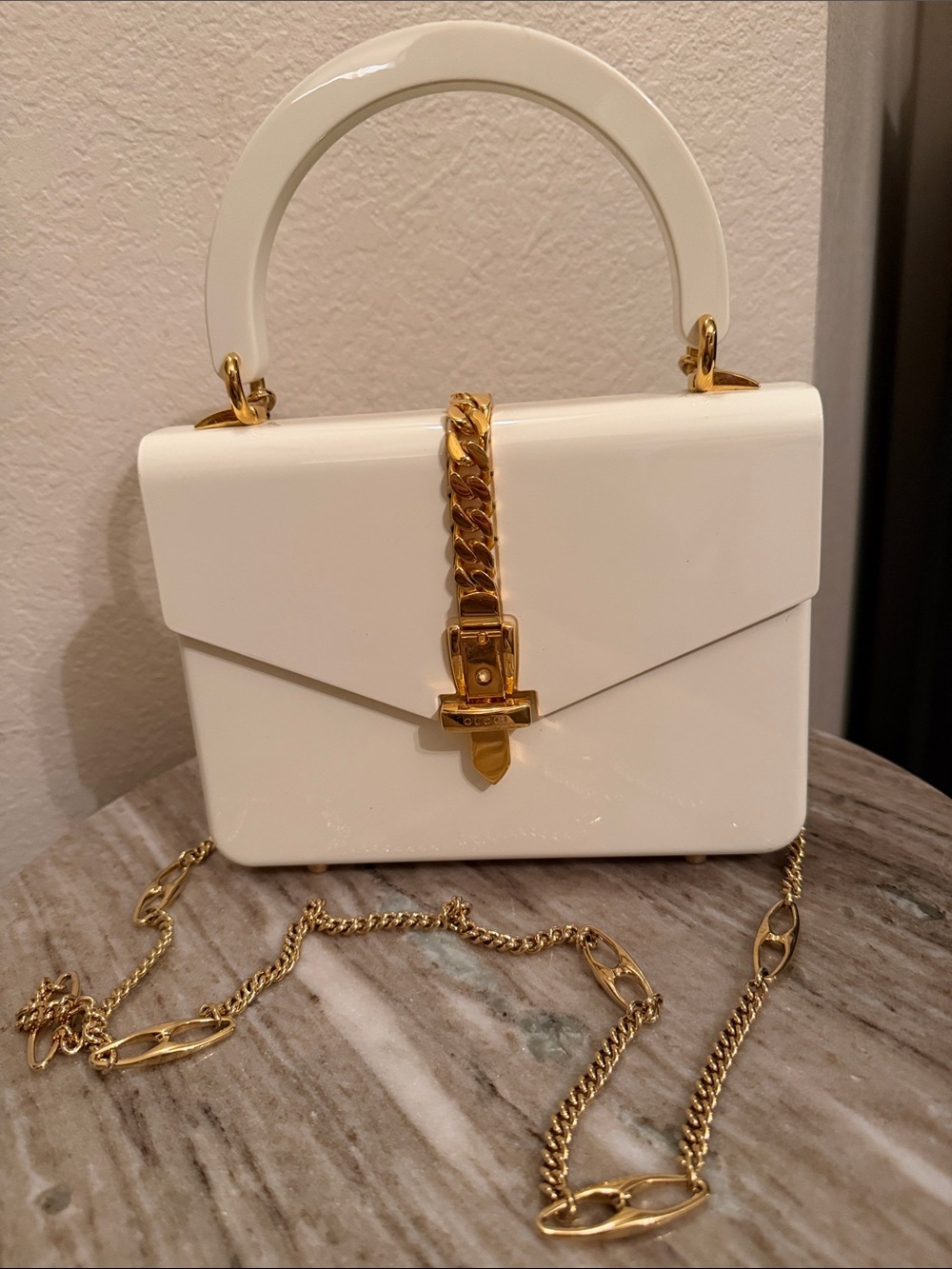 Gucci White Mini Top-Handle Bag with Gold Chain